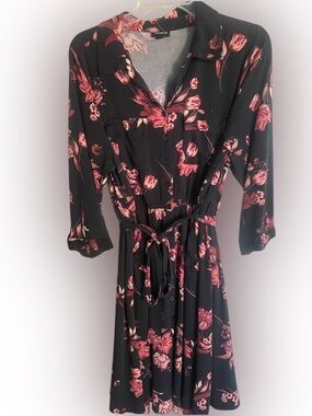 torrid Black Dress with Red Floral Print and Tie Waist